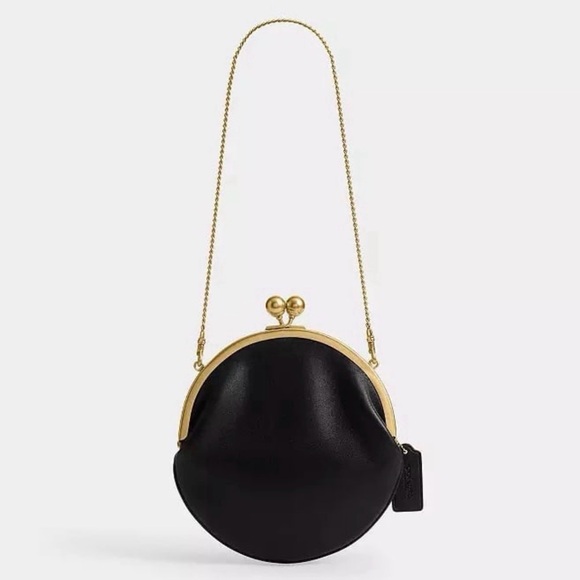 Coach Kisslock Pouch 20 Shoulder Bag Brass/Black Natural Grain Nappa Leather NWT